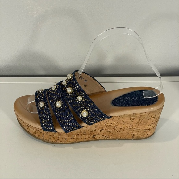 Patrizia By Spring Step Denim Pearl Gold Stud Embellish Cork Wedge Sandal Sz 38 - Picture 6 of 11